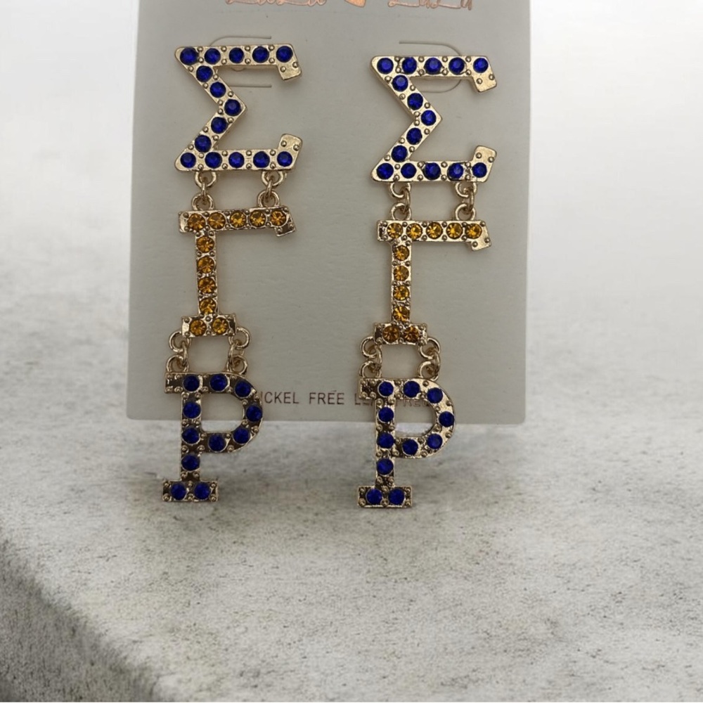 Sigma Gamma Rho Blue and Gold Greek Letter Earrings